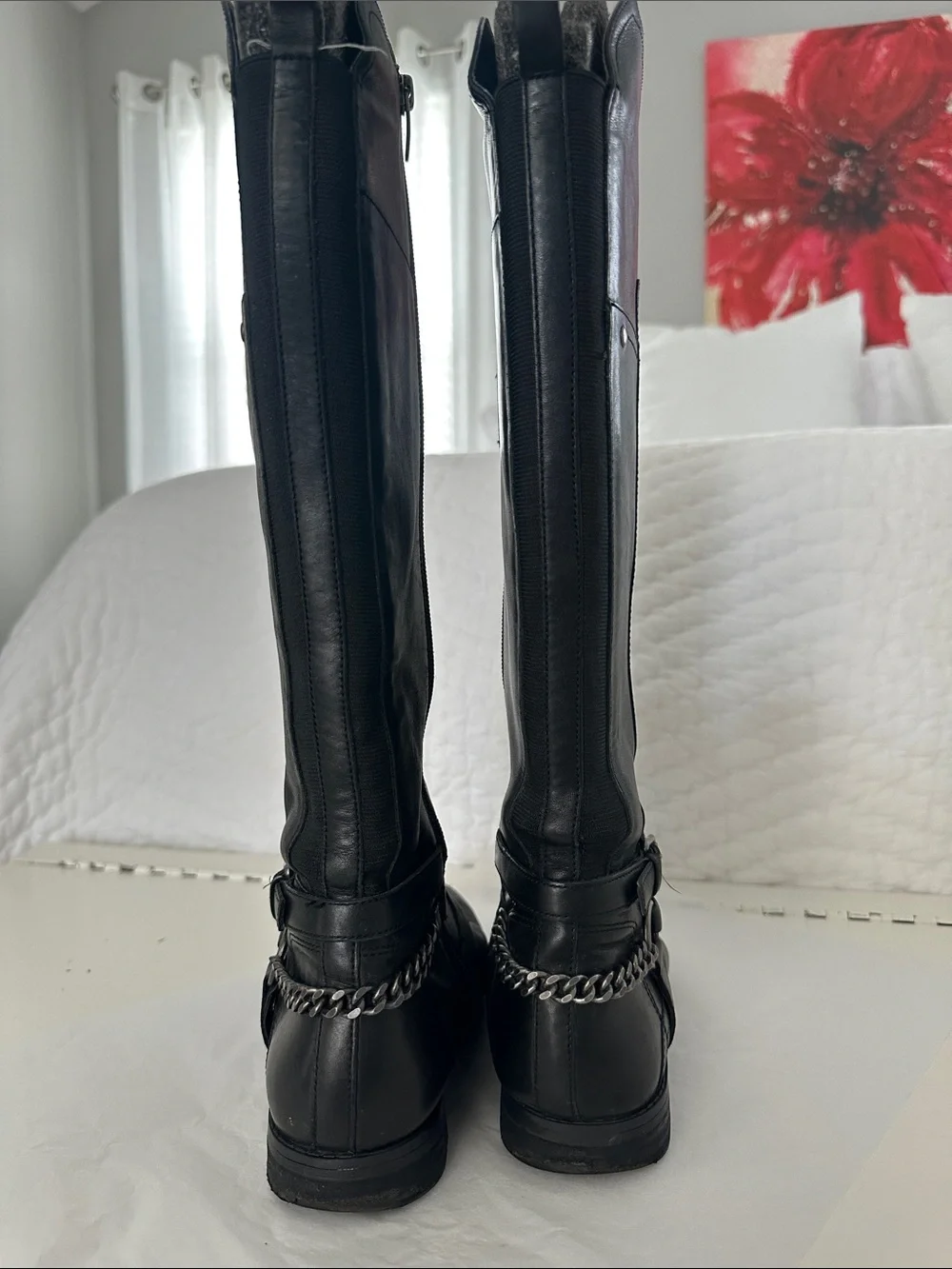 Marc Fisher Black Over-the-Knee Leather Boots with Chain Accent